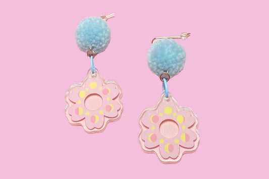 Sakura Moon Phase Acrylic Earring with Blue Pompom