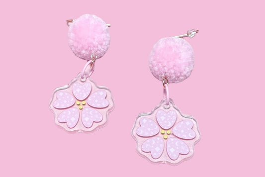 Sakura Doodle Acrylic Earring with Pink Pompom