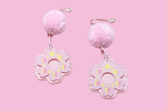 Sakura Moon Phase Acrylic Earring with Pink Pompom